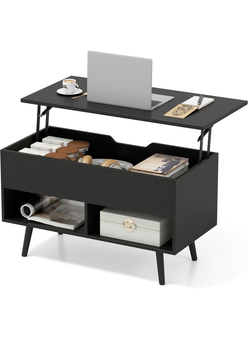 Giantex Lift Top Coffee Table, Wooden Lift Top Dining Table w/Hidden Storage Compartment & 2 Storage Shelves, Raisable Top Coffee Table for Living Room, Study, Office, Meeting Room (Black) - Image 1
